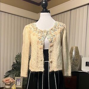 Free People Cream Cardigan with Blue Floral Details